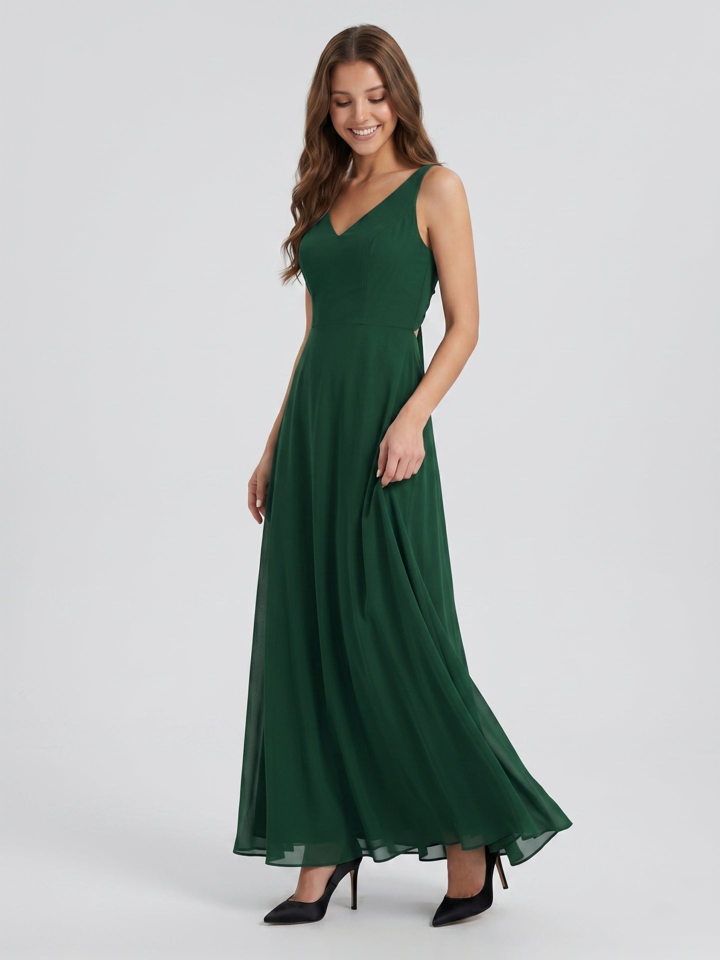 Forest Green Chiffon A-Line V-Neck Bow Back Floor-Length Bridesmaid Dress with Bow