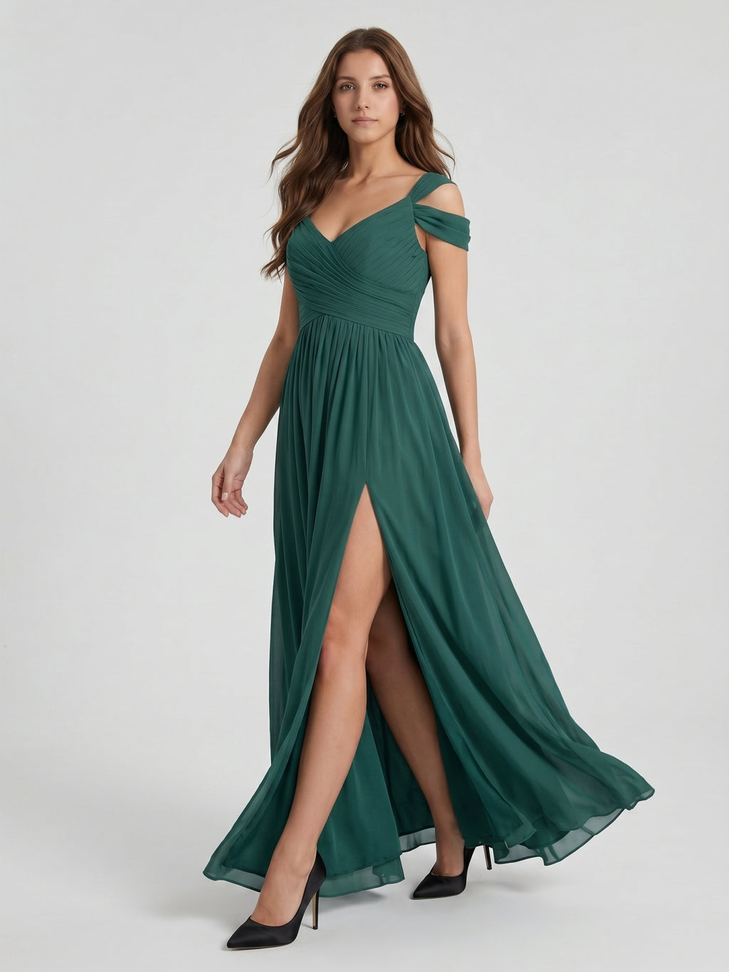 Peacock Chiffon A-Line V-Neck V-Back Floor-Length Pleated Bridesmaid Dress