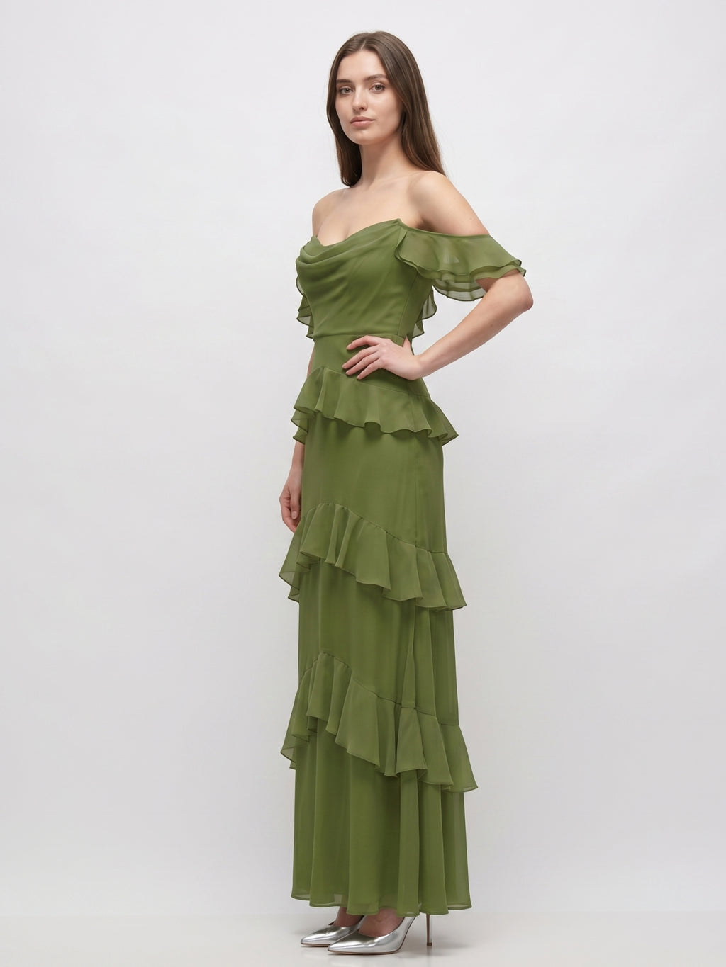 Olive Green Chiffon Sheath Off-the-Shoulder Back Zip Floor-Length Ruffle Bridesmaid Dress