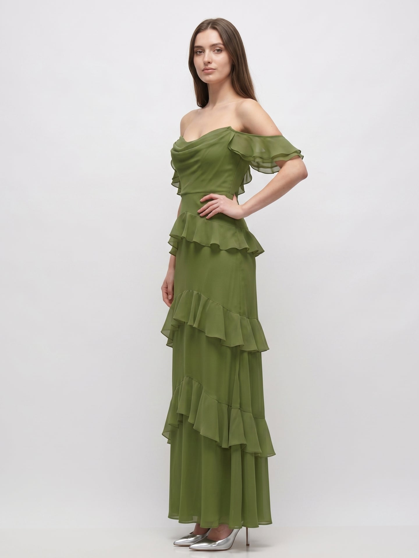 Olive Green Chiffon Sheath Off-the-Shoulder Back Zip Floor-Length Ruffle Bridesmaid Dress