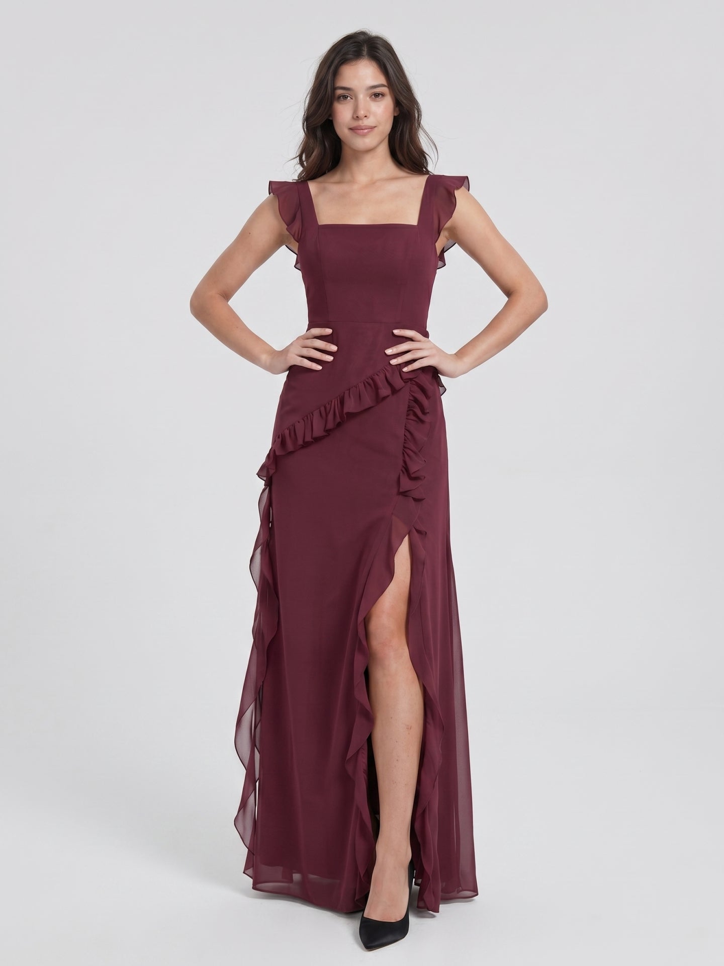Elegant Cabernet Chiffon A-Line Square Neck Back Zip Ruffle Ankle-Length Bridesmaid Dress