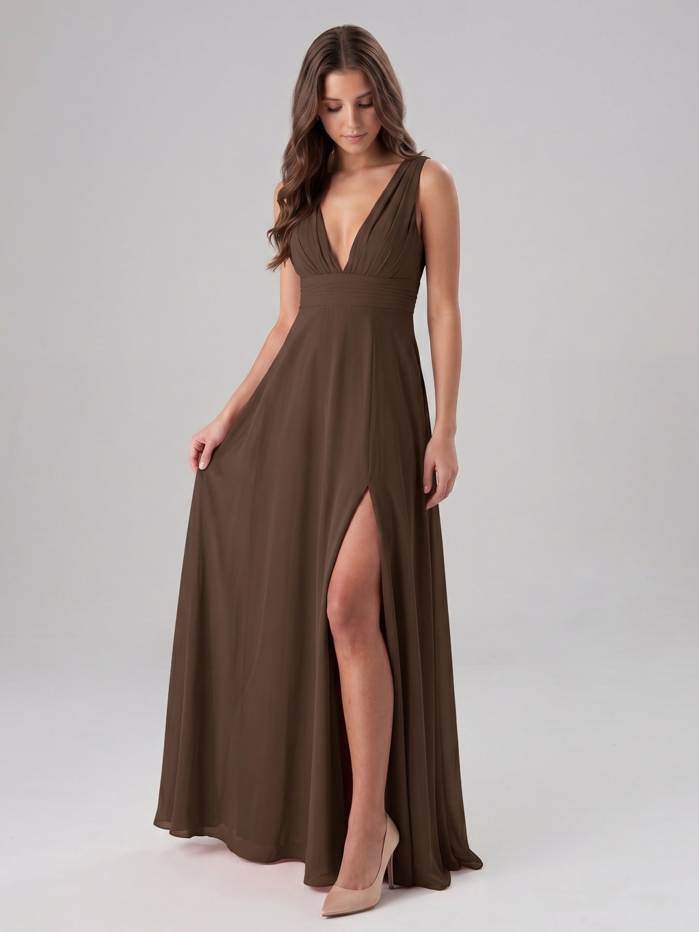 Mocha Chiffon A-Line V-Neck V-Back Floor-Length Pleated Bridesmaid Dress