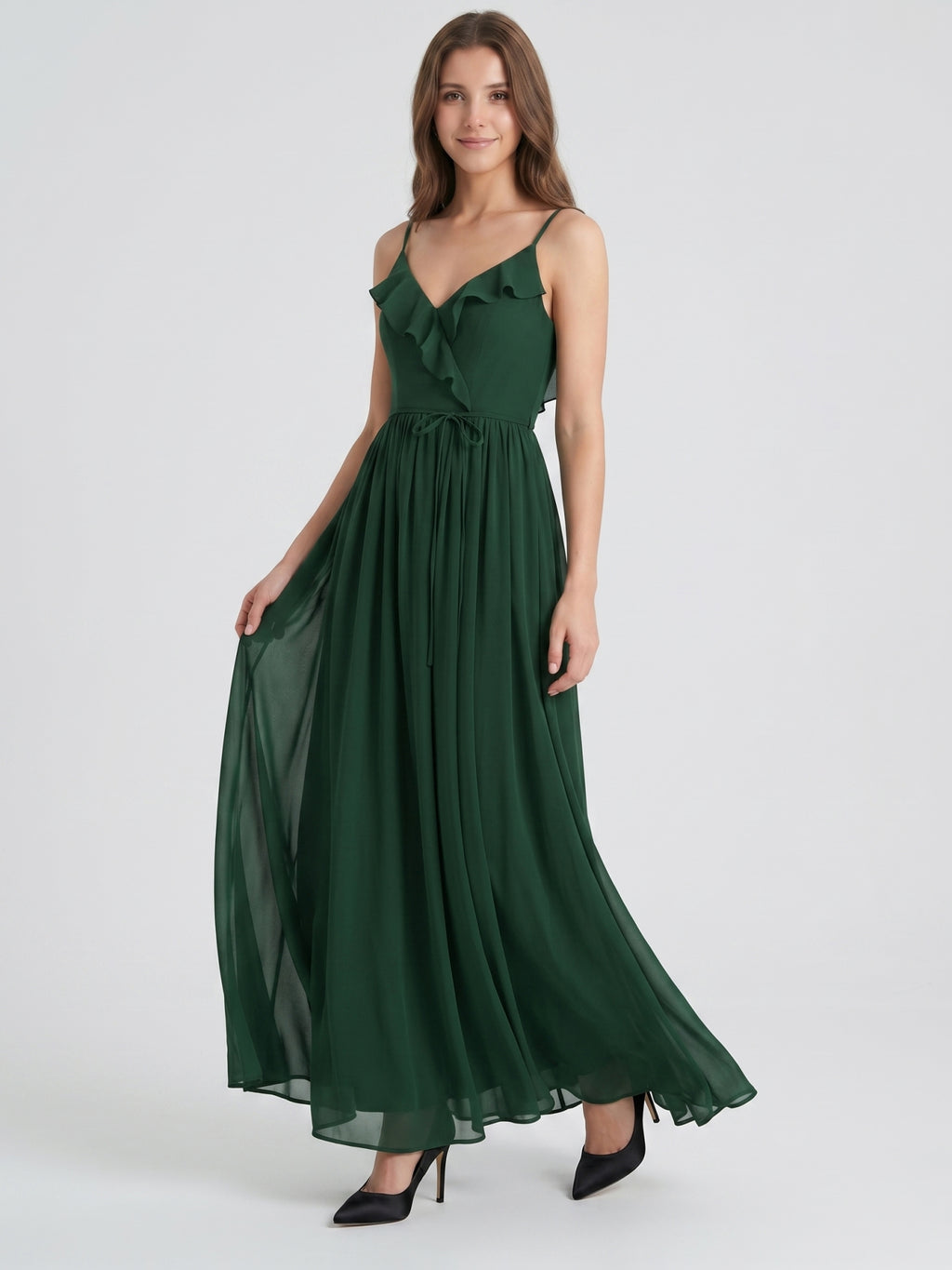 Forest Green Chiffon A-Line V-Neck V-Back Floor-Length Ruffle Bridesmaid Dress