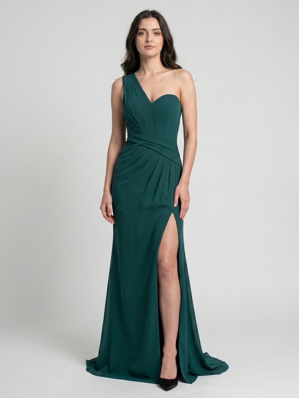 Peacock Chiffon Sheath One Shoulder Back Zip Floor-Length Pleated Bridesmaid Dress
