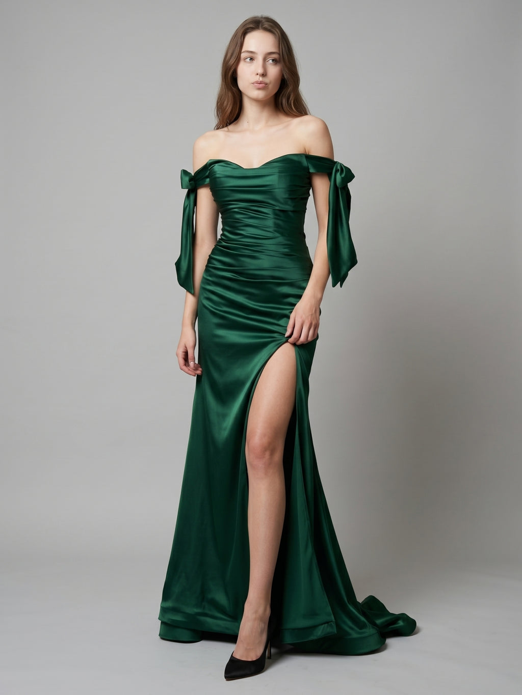 Emerald Satin Trumpet Off-the-Shoulder Backless Floor-Length Bridesmaid Dress with Bow