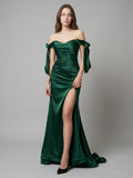 Emerald Satin Trumpet Off-the-Shoulder Backless Floor-Length Bridesmaid Dress with Bow