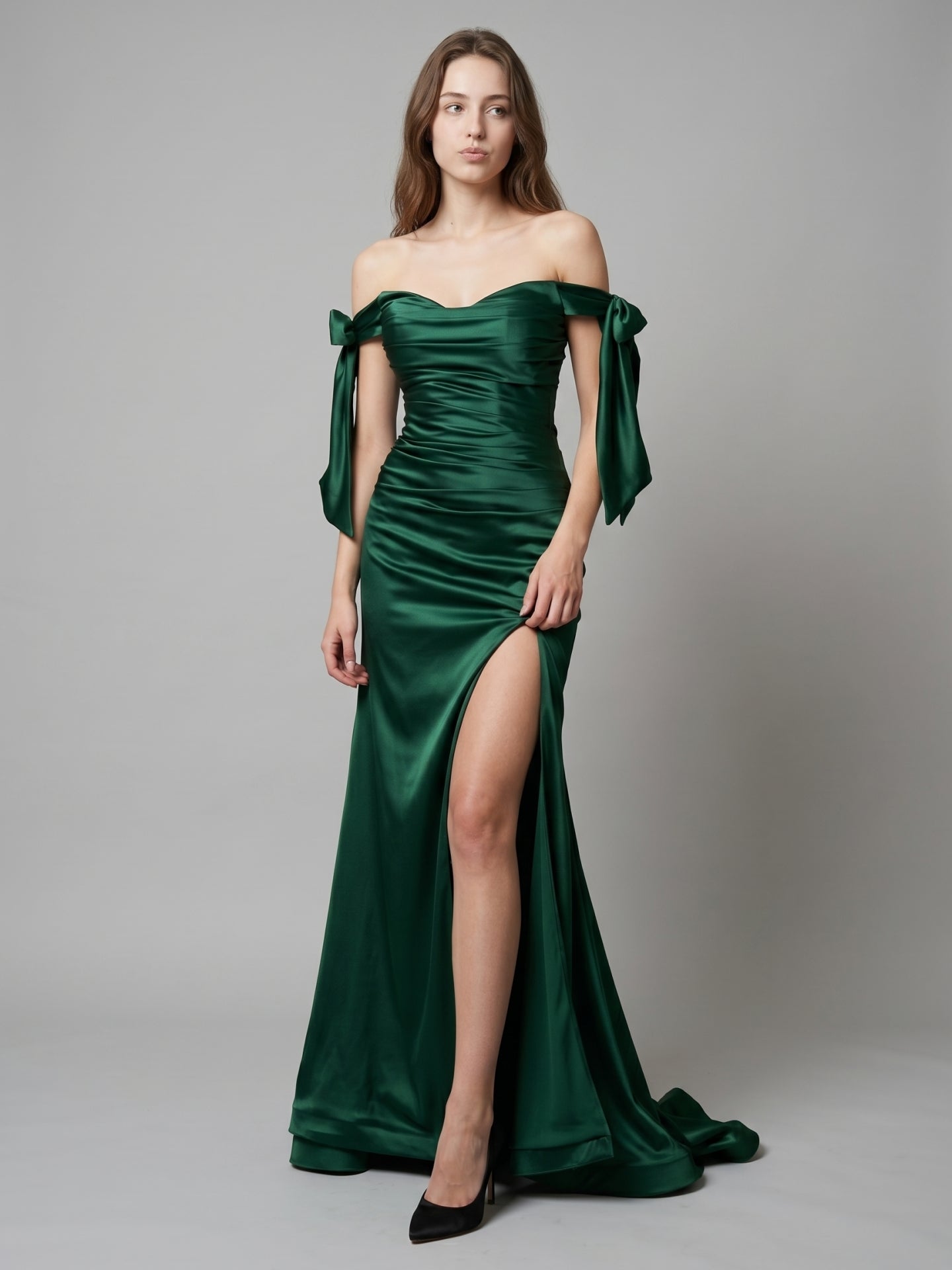 Emerald Satin Trumpet Off-the-Shoulder Backless Floor-Length Bridesmaid Dress with Bow