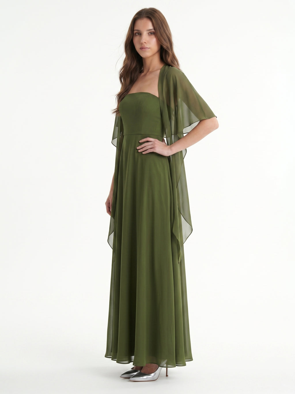 Olive Green Chiffon A-Line Straight Neck Backless Floor-Length Bridesmaid Dress with Cape