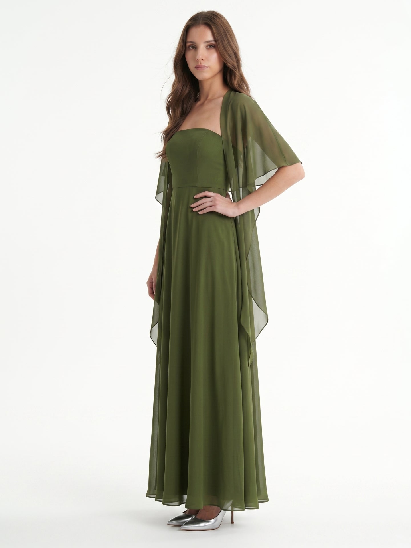 Olive Green Chiffon A-Line Straight Neck Backless Floor-Length Bridesmaid Dress with Cape