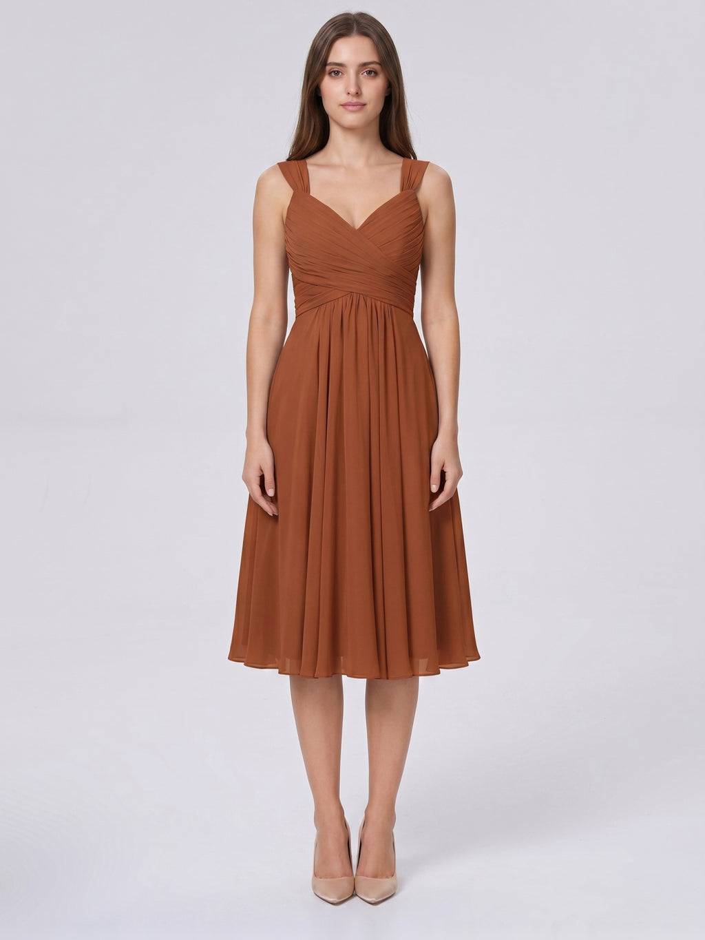 Terracotta Chiffon A-Line V-Neck Backless Knee-Length Bridesmaid Dress with Bow