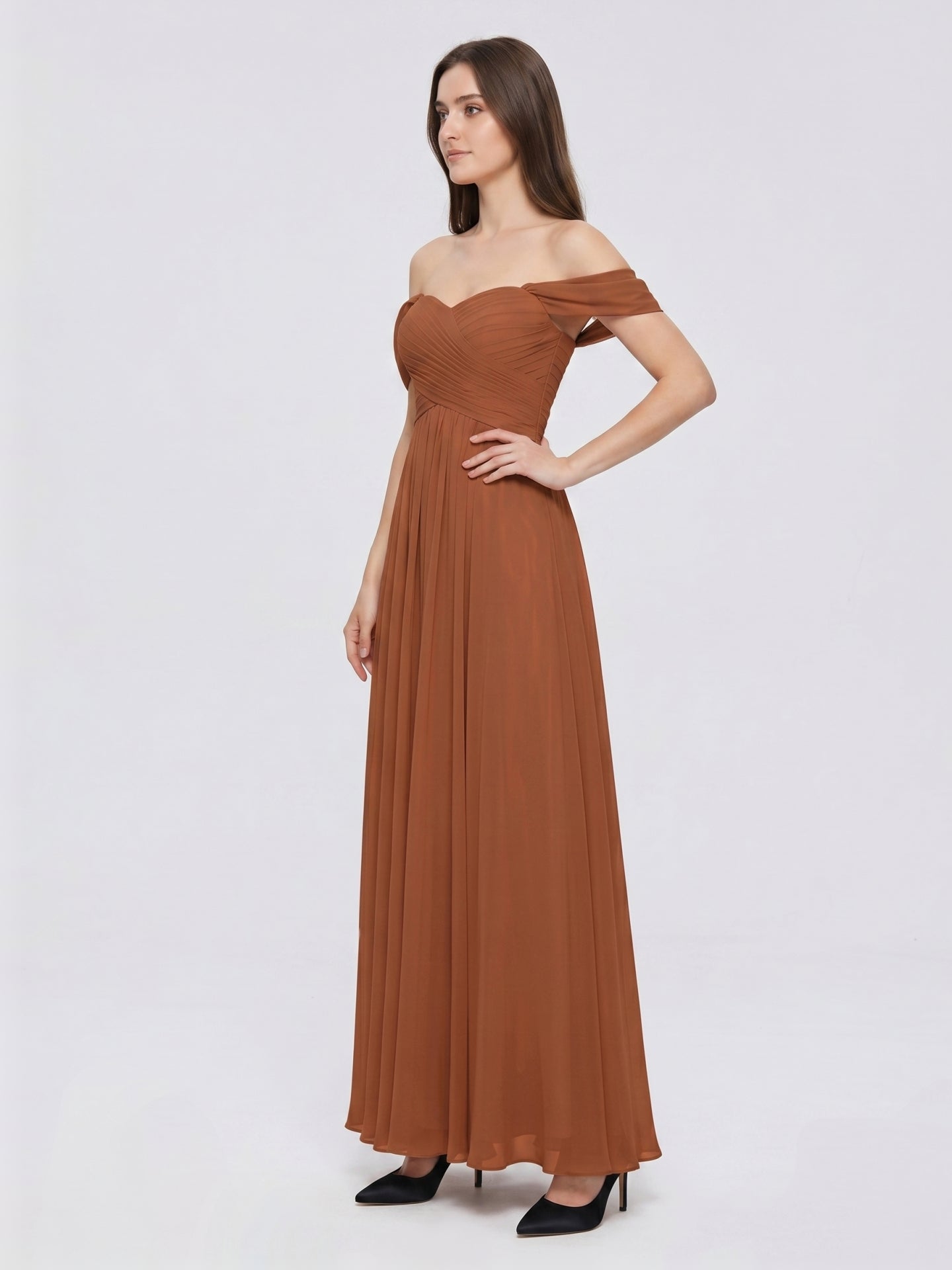 Terracotta Chiffon A-Line Off-the-Shoulder Backless Floor-Length Pleated Dress