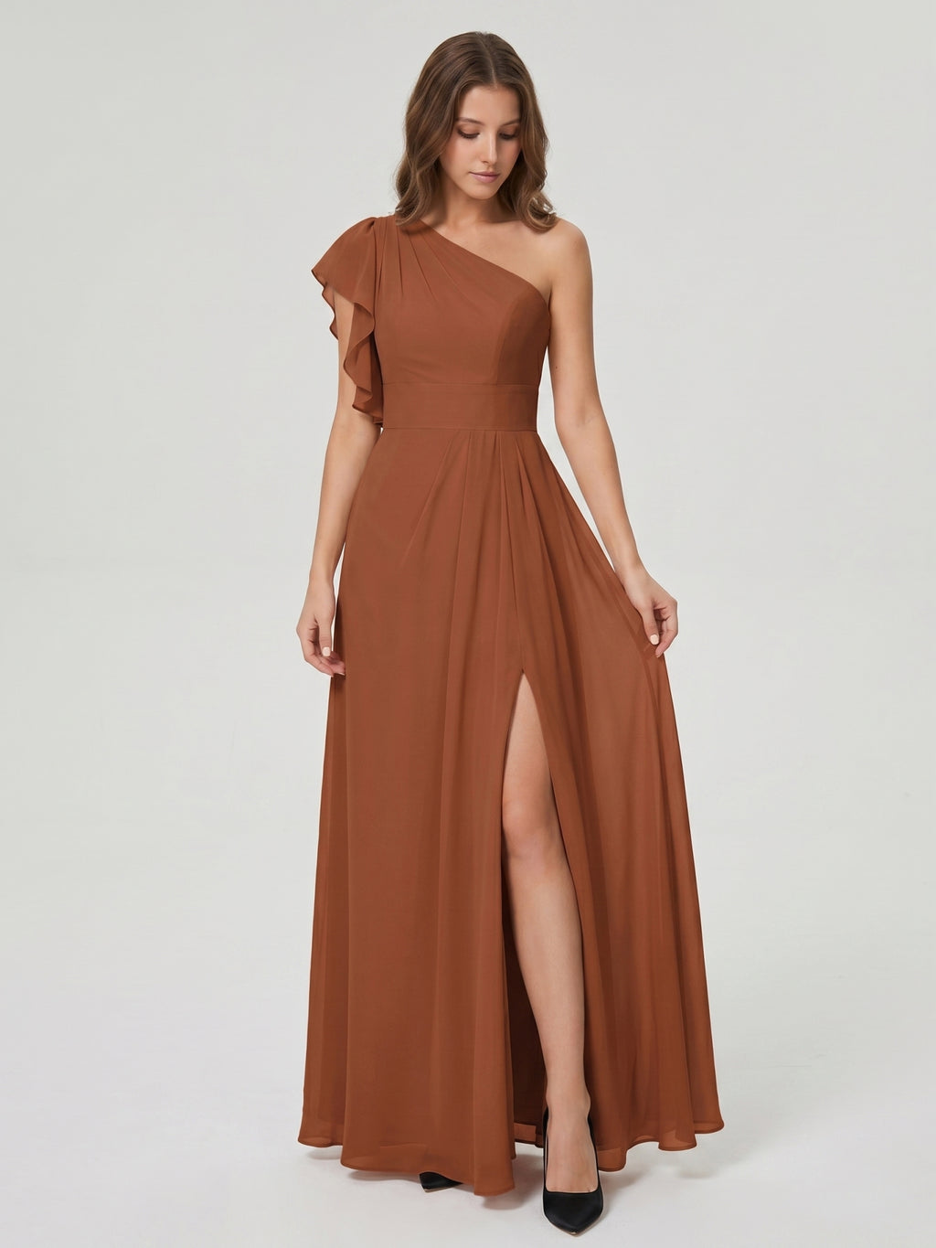 Terracotta Chiffon Sheath One Shoulder Back Zip Floor-Length Ruffle Bridesmaid Dress