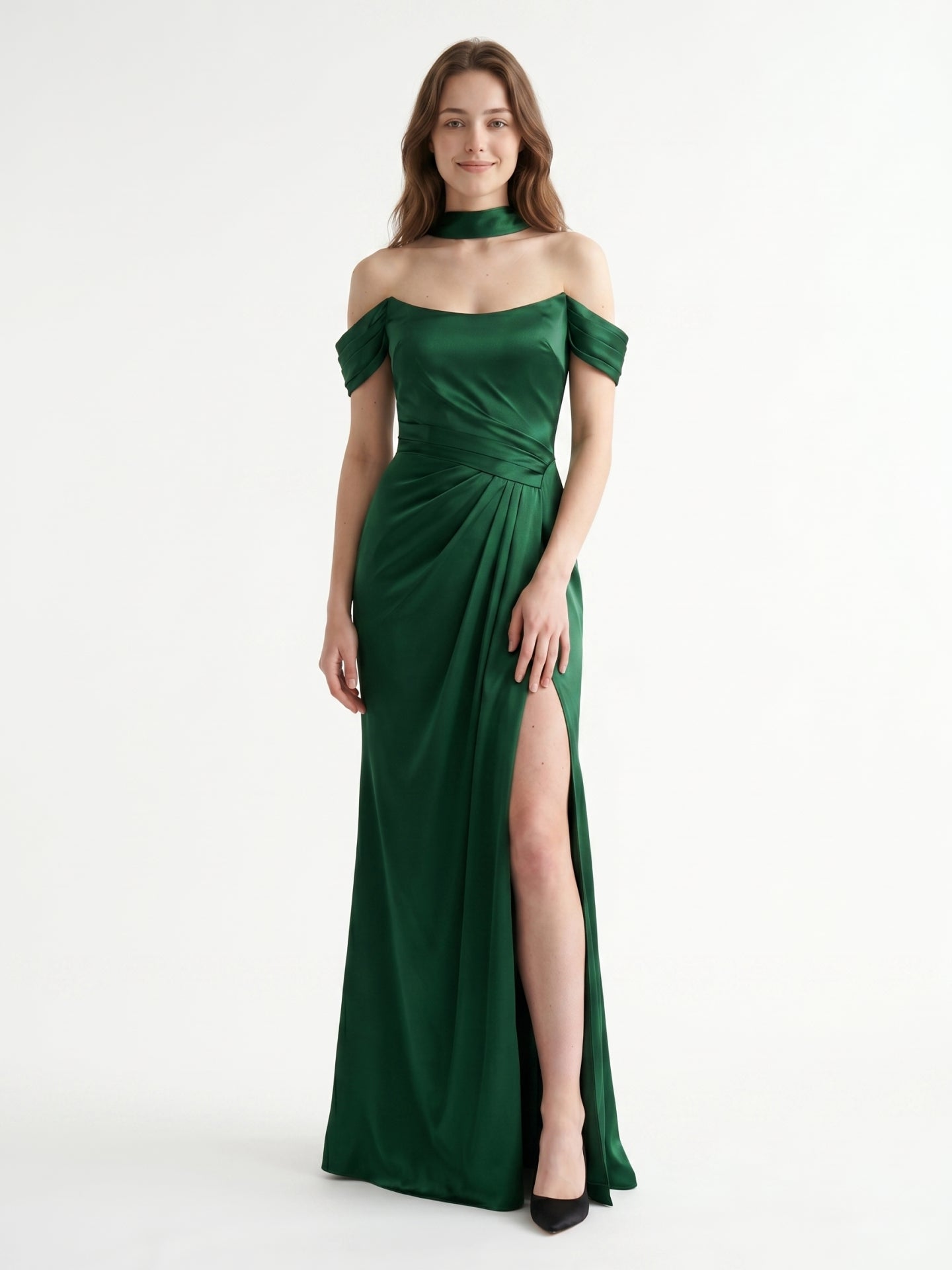Emerald Satin Sheath Off-the-Shoulder Lace-Up Back Floor-Length Bridesmaid Dress with Bow