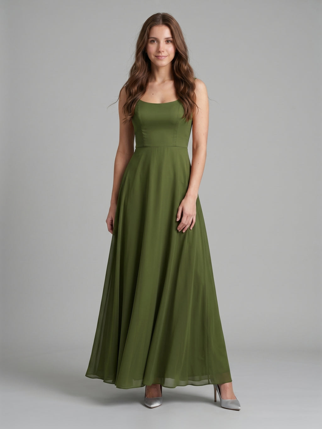 Olive Green Chiffon Column Scoop Neck Backless Floor-Length Bridesmaid Dress