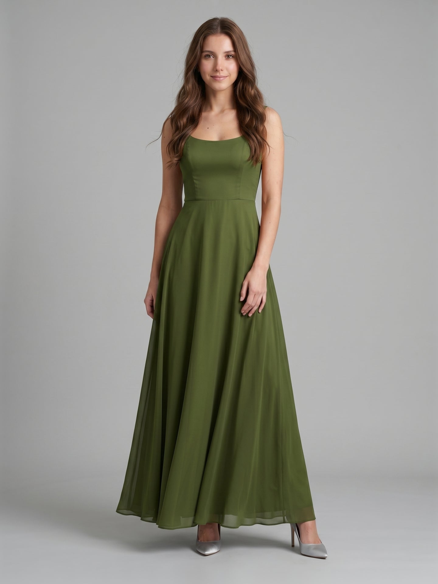 Olive Green Chiffon Column Scoop Neck Backless Floor-Length Bridesmaid Dress