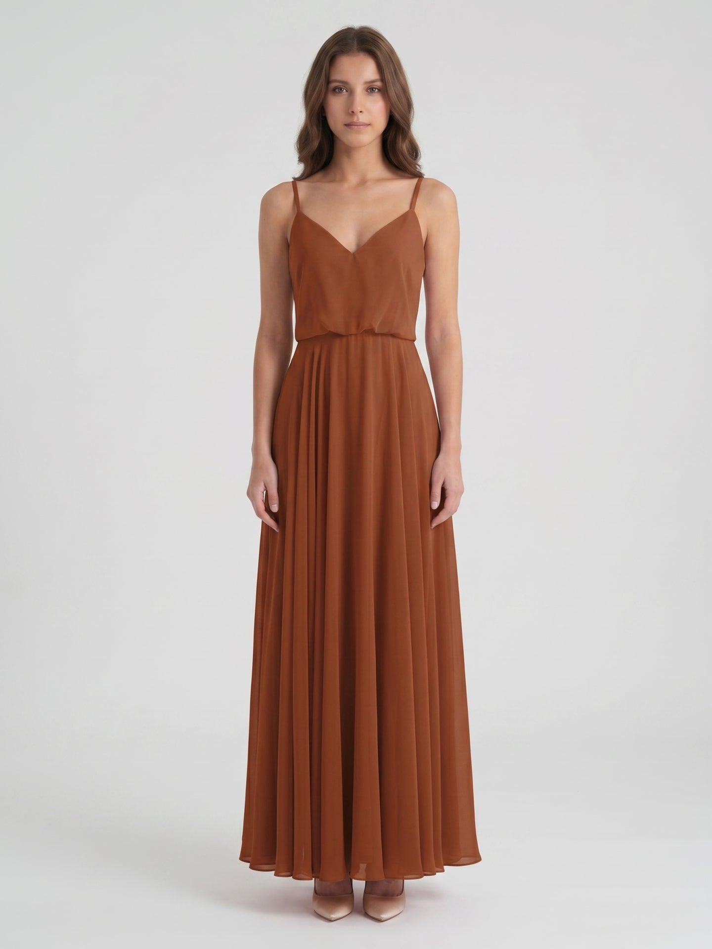 Terracotta Chiffon A-Line V-Neck Backless Floor-Length Bridesmaid Dress
