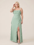 Elegant Mint Green Chiffon A-Line Straight Neck Backless with Ruffle Ankle-Length Plus Size Bridesmaid Dress