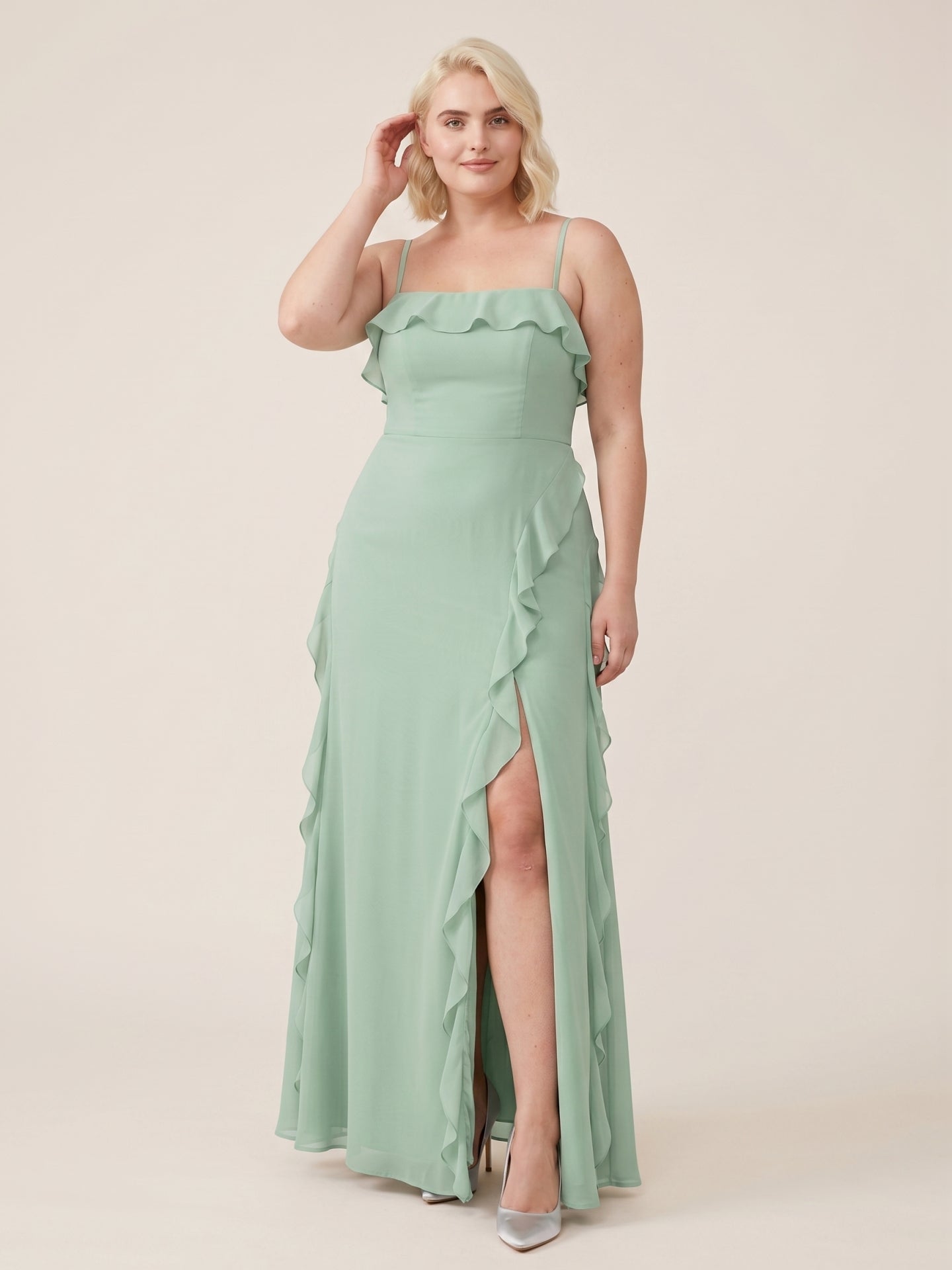 Elegant Mint Green Chiffon A-Line Straight Neck Backless with Ruffle Ankle-Length Plus Size Bridesmaid Dress