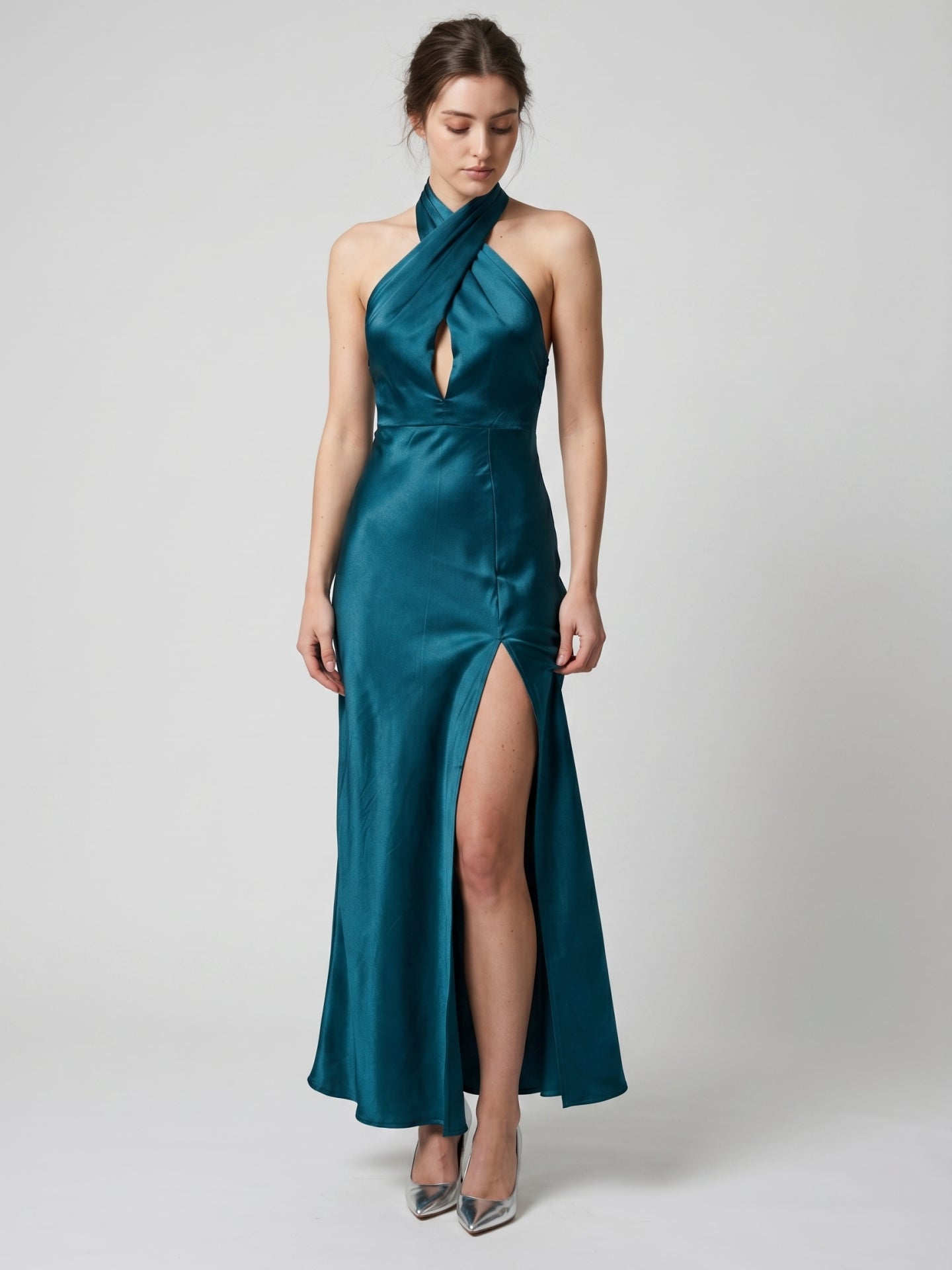 Teal Satin Sheath Halter Lace-Up Back Ankle-Length Bridesmaid Dress