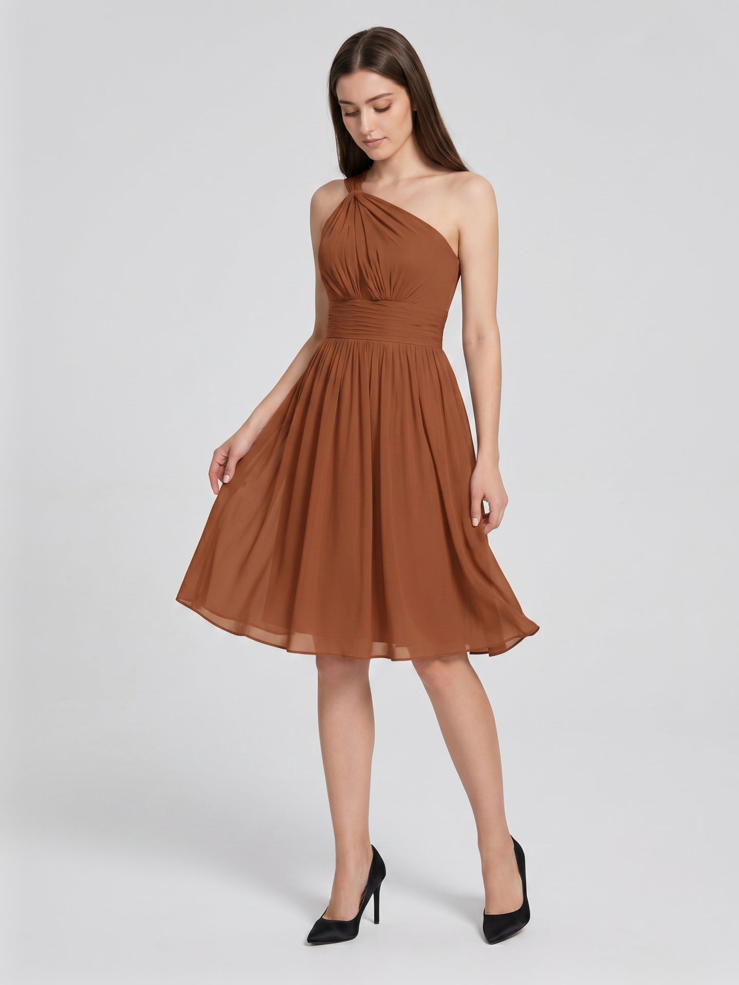 Terracotta Chiffon A-Line One Shoulder Backless Knee-Length Pleated Bridesmaid Dress