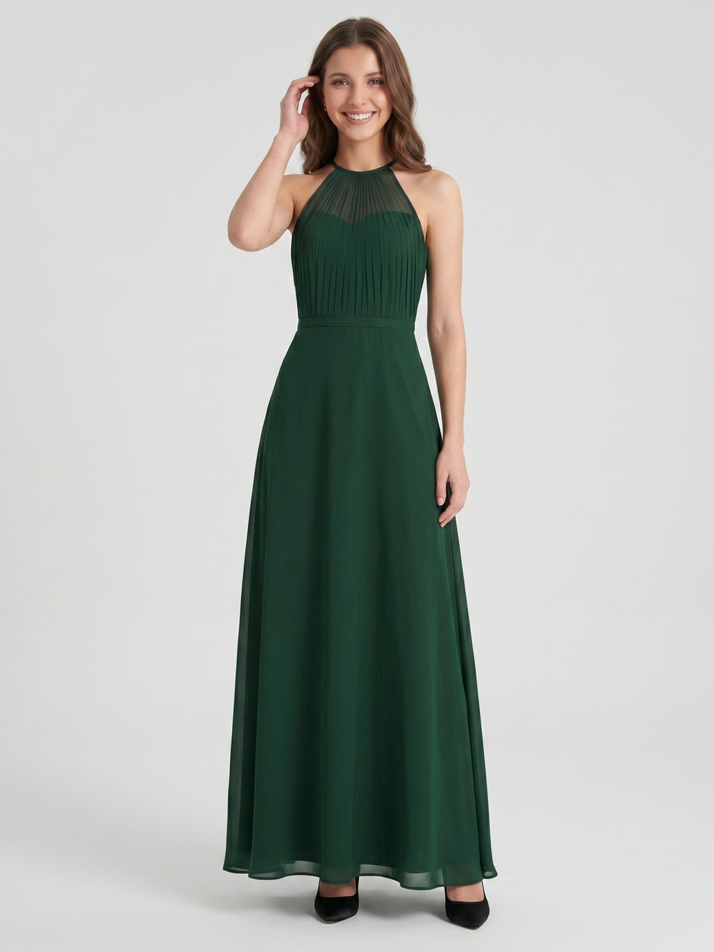 Forest Green Chiffon A-Line Halter Back Zip Floor-Length  Bridesmaid Dress