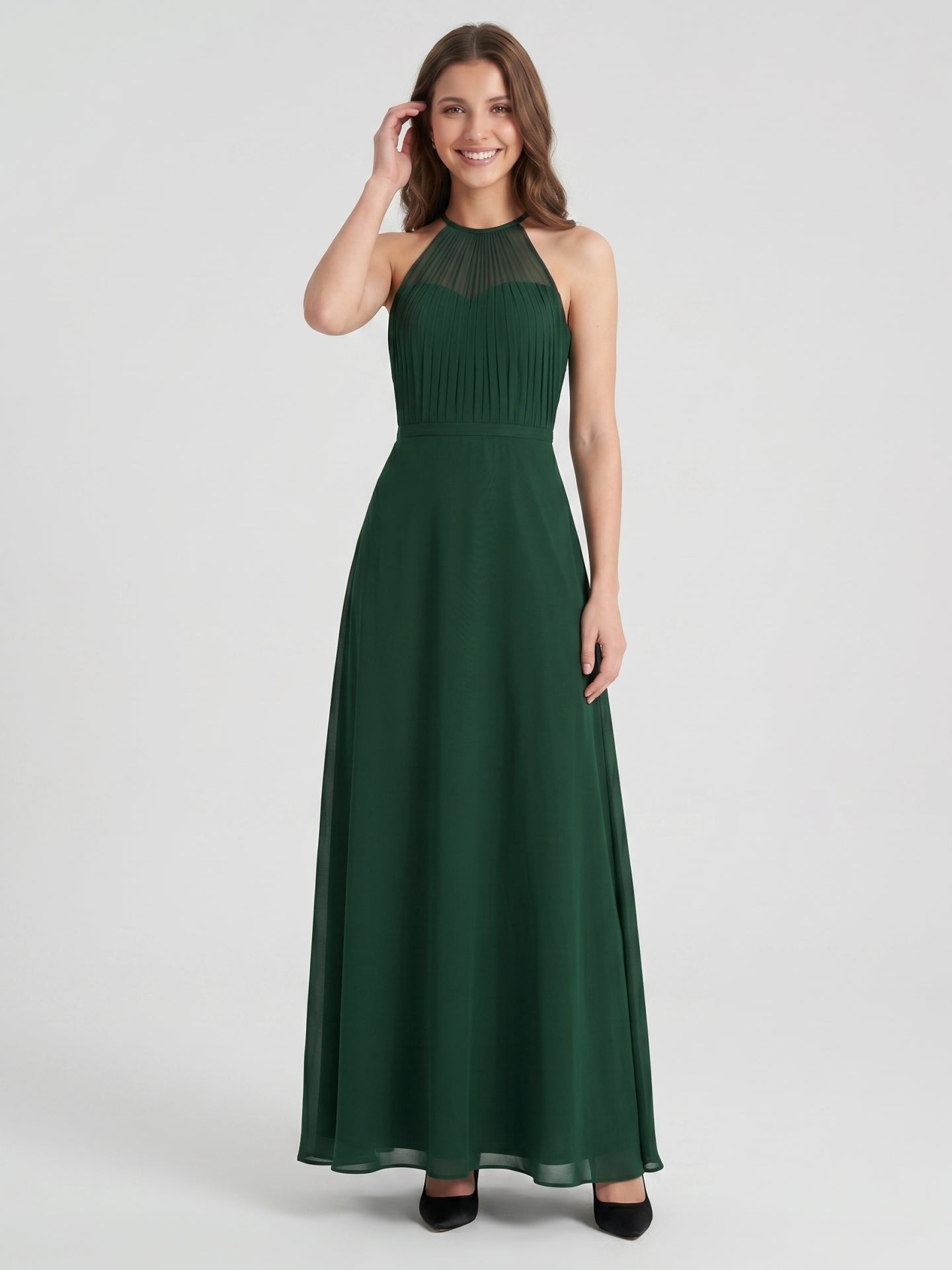Forest Green Chiffon A-Line Halter Back Zip Floor-Length  Bridesmaid Dress