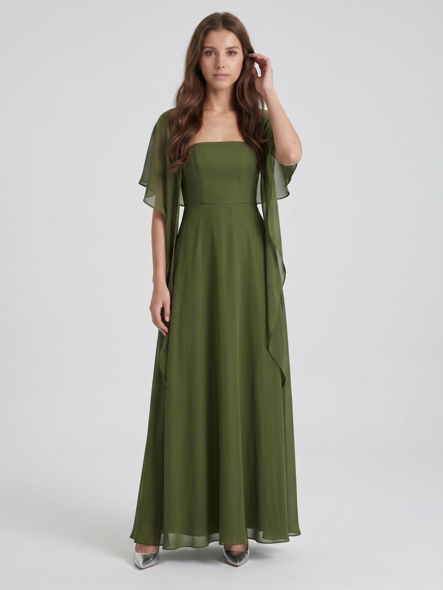 Olive Green Chiffon A-Line Straight Neck Backless Floor-Length Bridesmaid Dress with Cape
