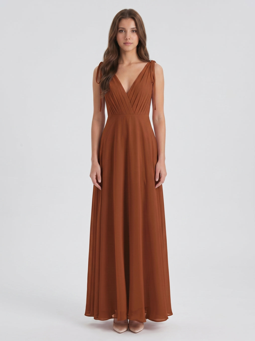 Terracotta Chiffon A-Line V-Neck Backless Floor-Length Bridesmaid Dress with Bow
