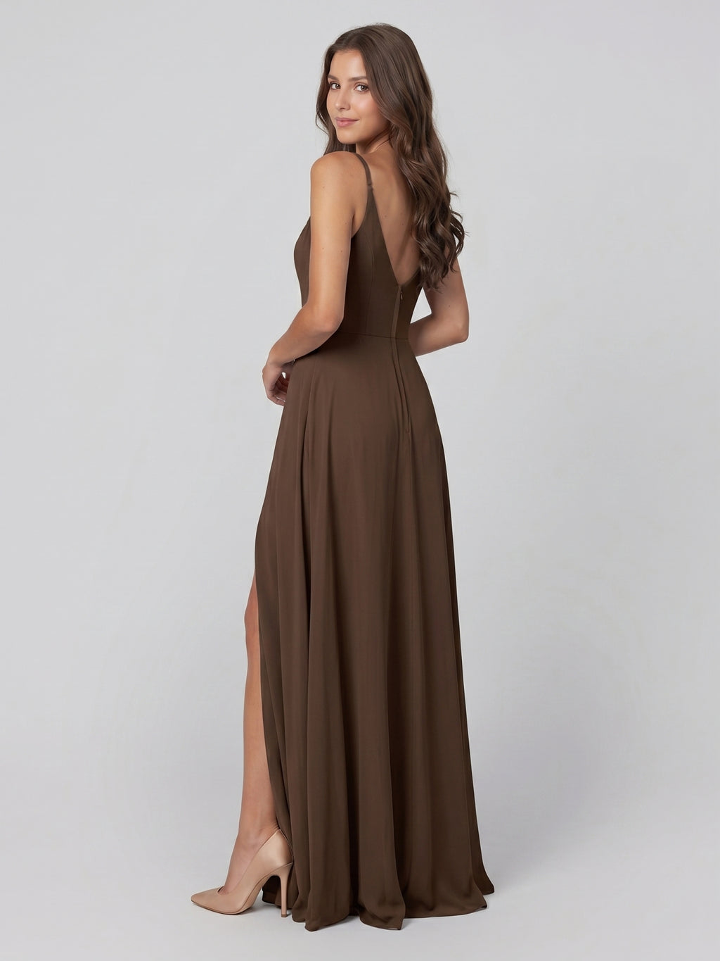 Mocha Chiffon A-Line V-Neck V-Back Floor-Length Bridesmaid Dress