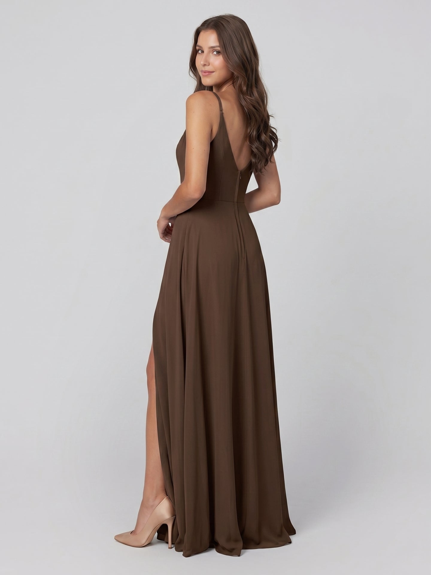 Mocha Chiffon A-Line V-Neck V-Back Floor-Length Bridesmaid Dress