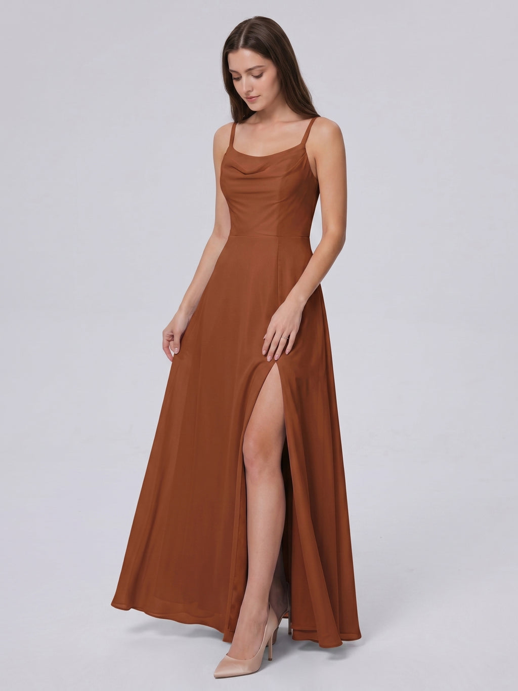 Terracotta Chiffon A-Line Scoop Neck Backless Ankle-Length Bridesmaid Dress