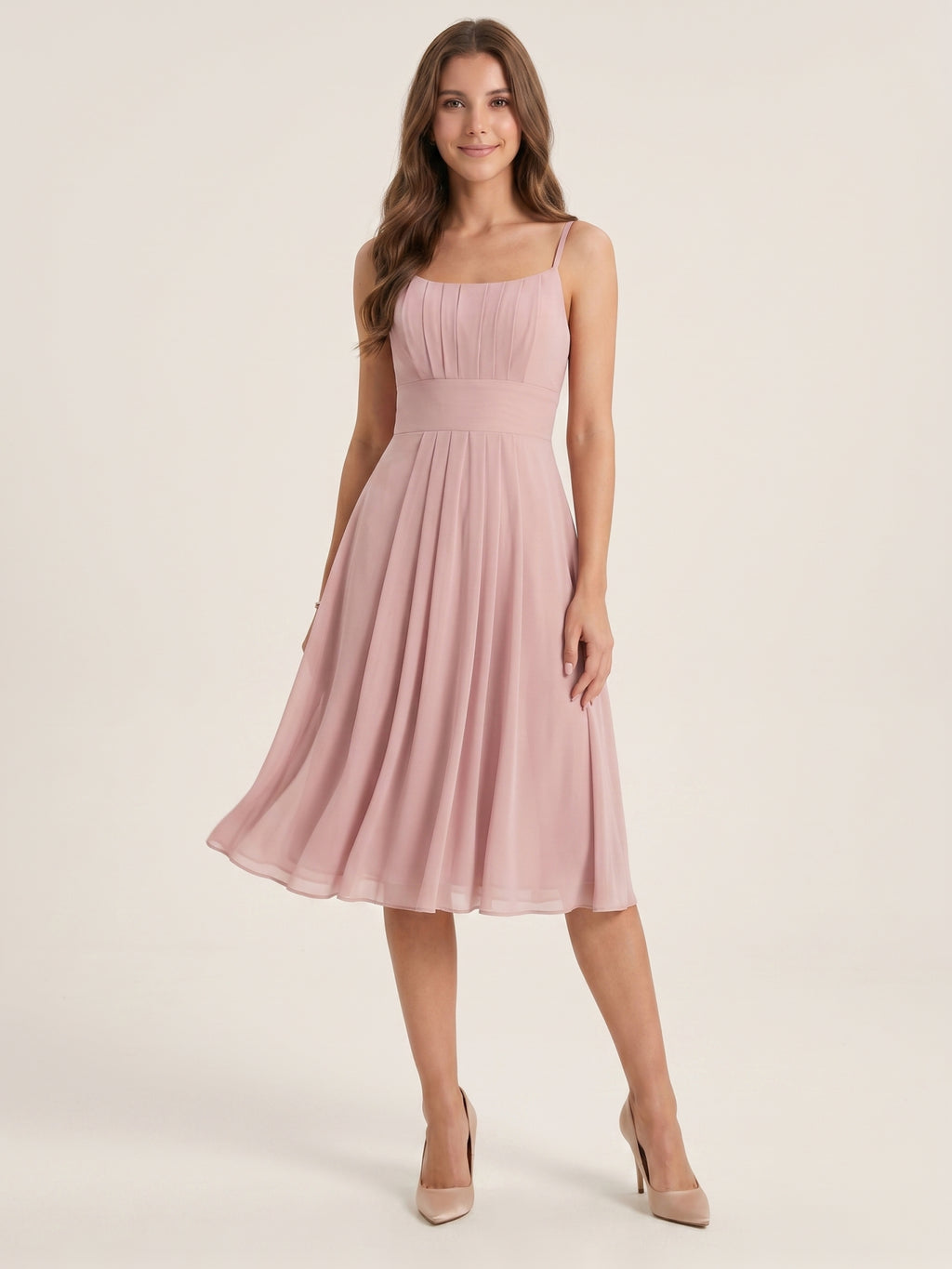 Coquette Dusty Rose Chiffon A-Line Straight Neck Back Zip with nan Knee-Length  Bridesmaid Dress