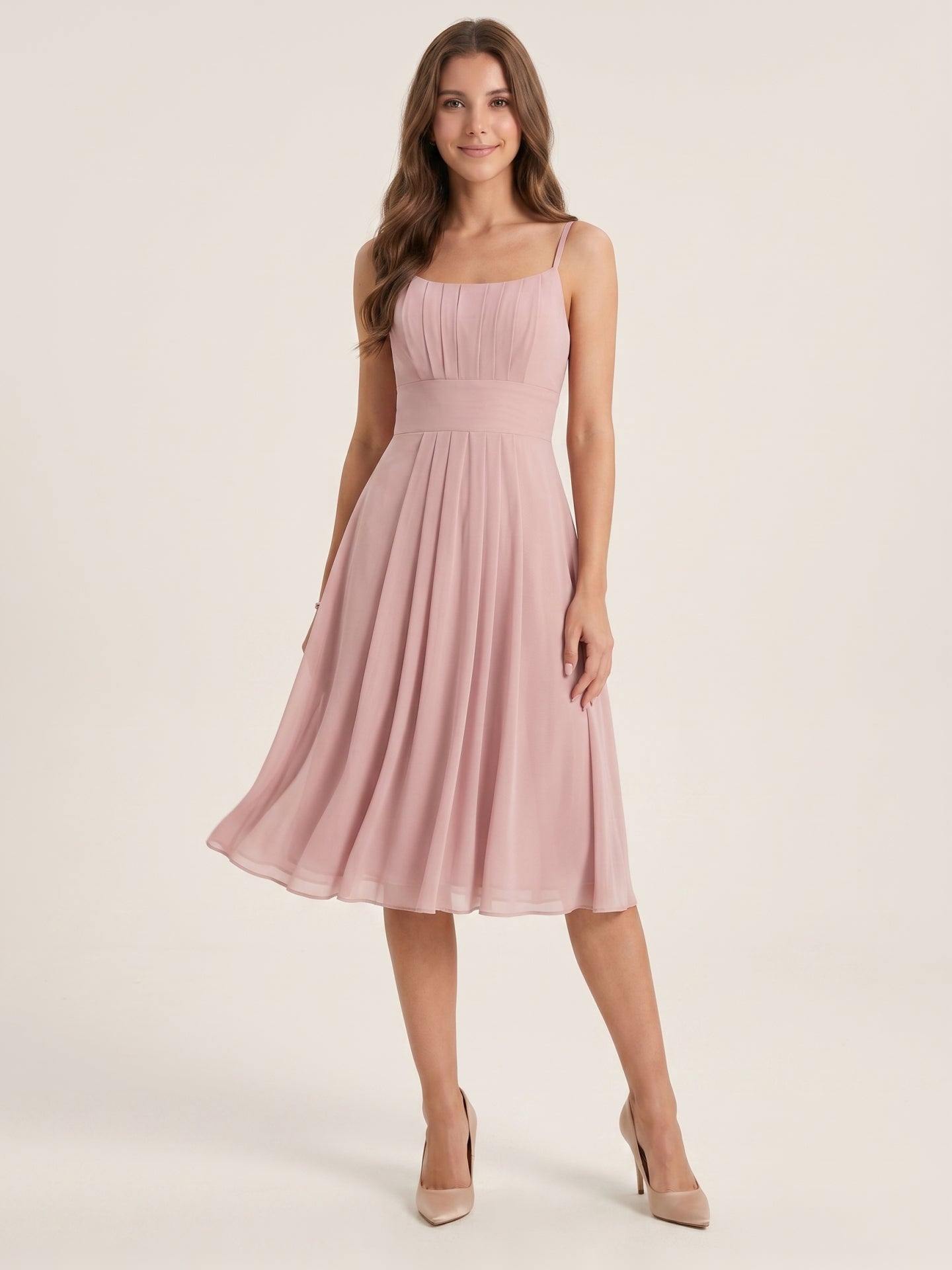Coquette Dusty Rose Chiffon A-Line Straight Neck Back Zip with nan Knee-Length  Bridesmaid Dress