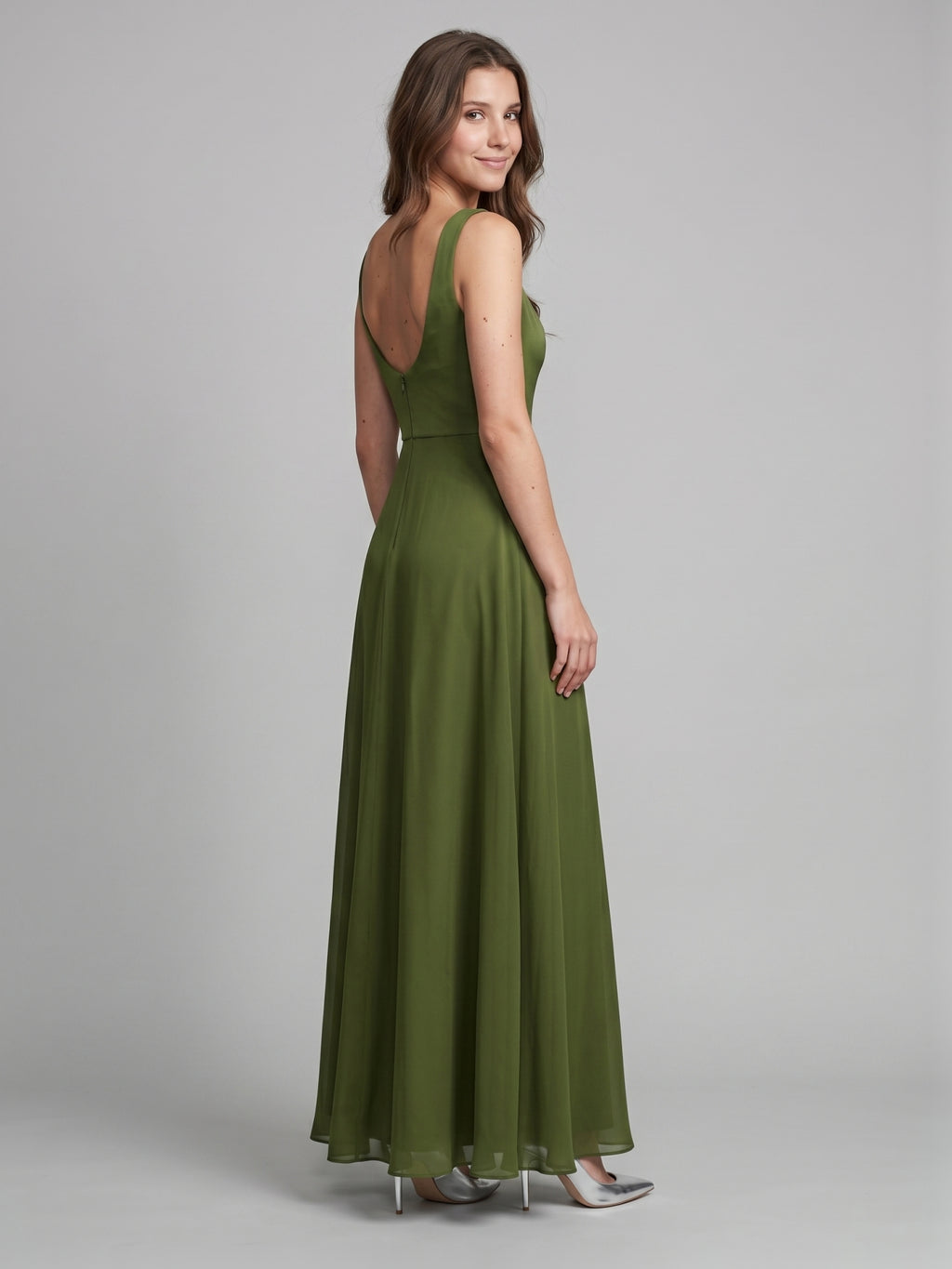 Olive Green Chiffon Column Scoop Neck Backless Floor-Length Bridesmaid Dress