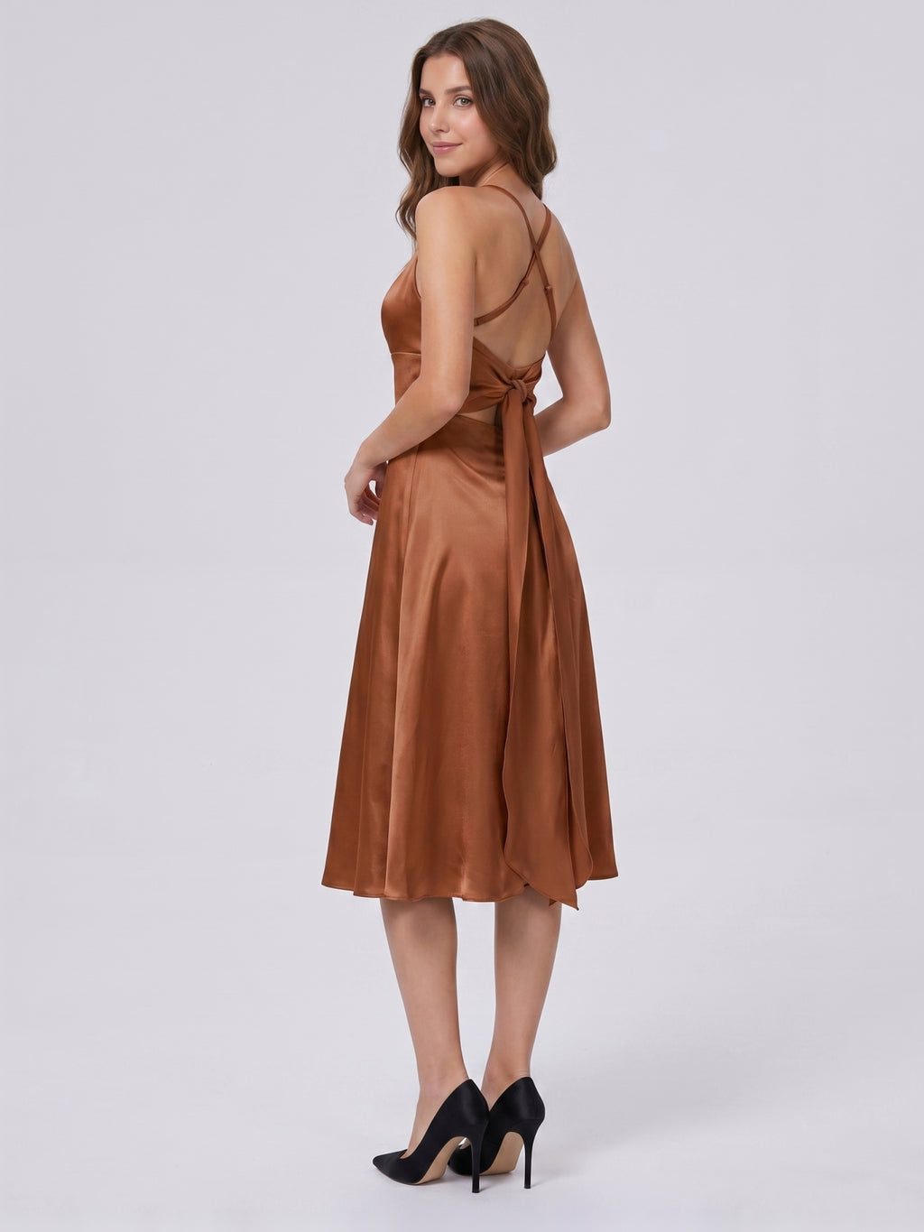 Terracotta Satin A-Line Scoop Neck Criss-Cross Back Knee-Length Bridesmaid Dress with Bow