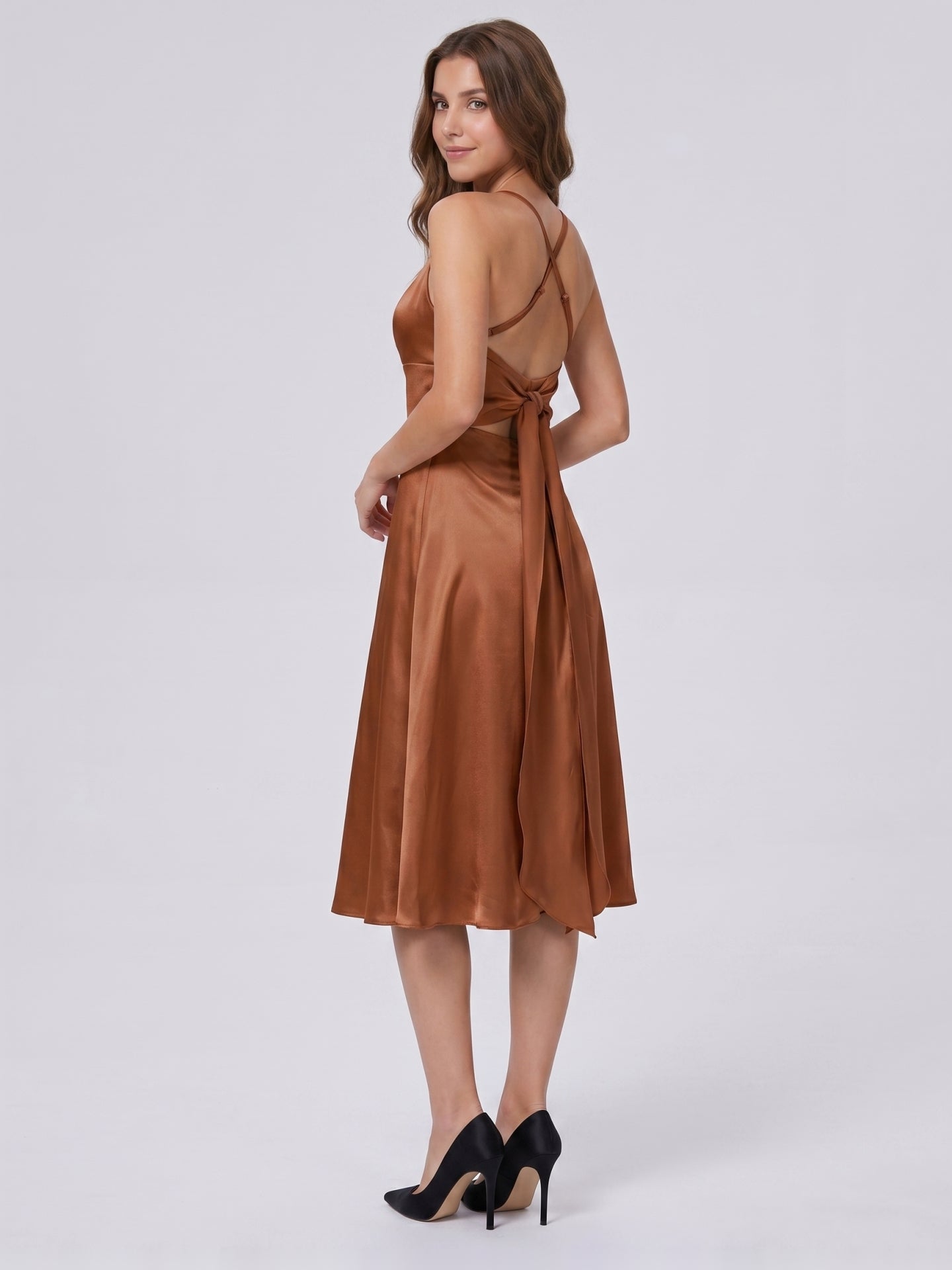 Terracotta Satin A-Line Scoop Neck Criss-Cross Back Knee-Length Bridesmaid Dress with Bow