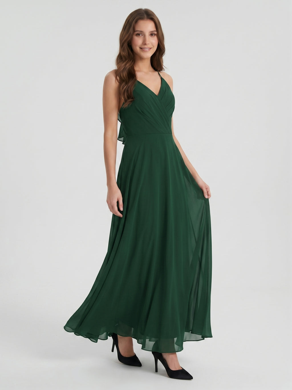 Forest Green Chiffon A-Line Halter Keyhole Back Floor-Length Ruffle Bridesmaid Dress