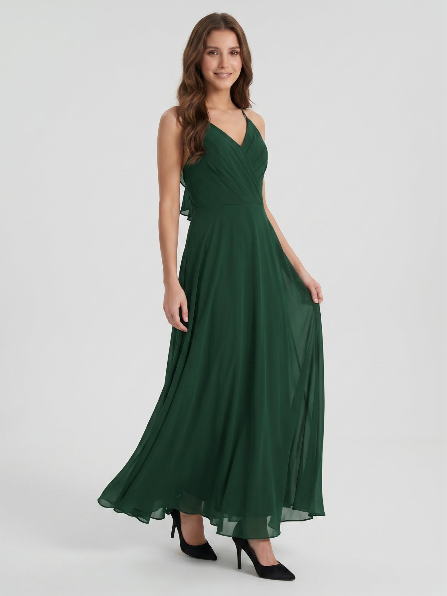 Forest Green Chiffon A-Line Halter Keyhole Back Floor-Length Ruffle Bridesmaid Dress