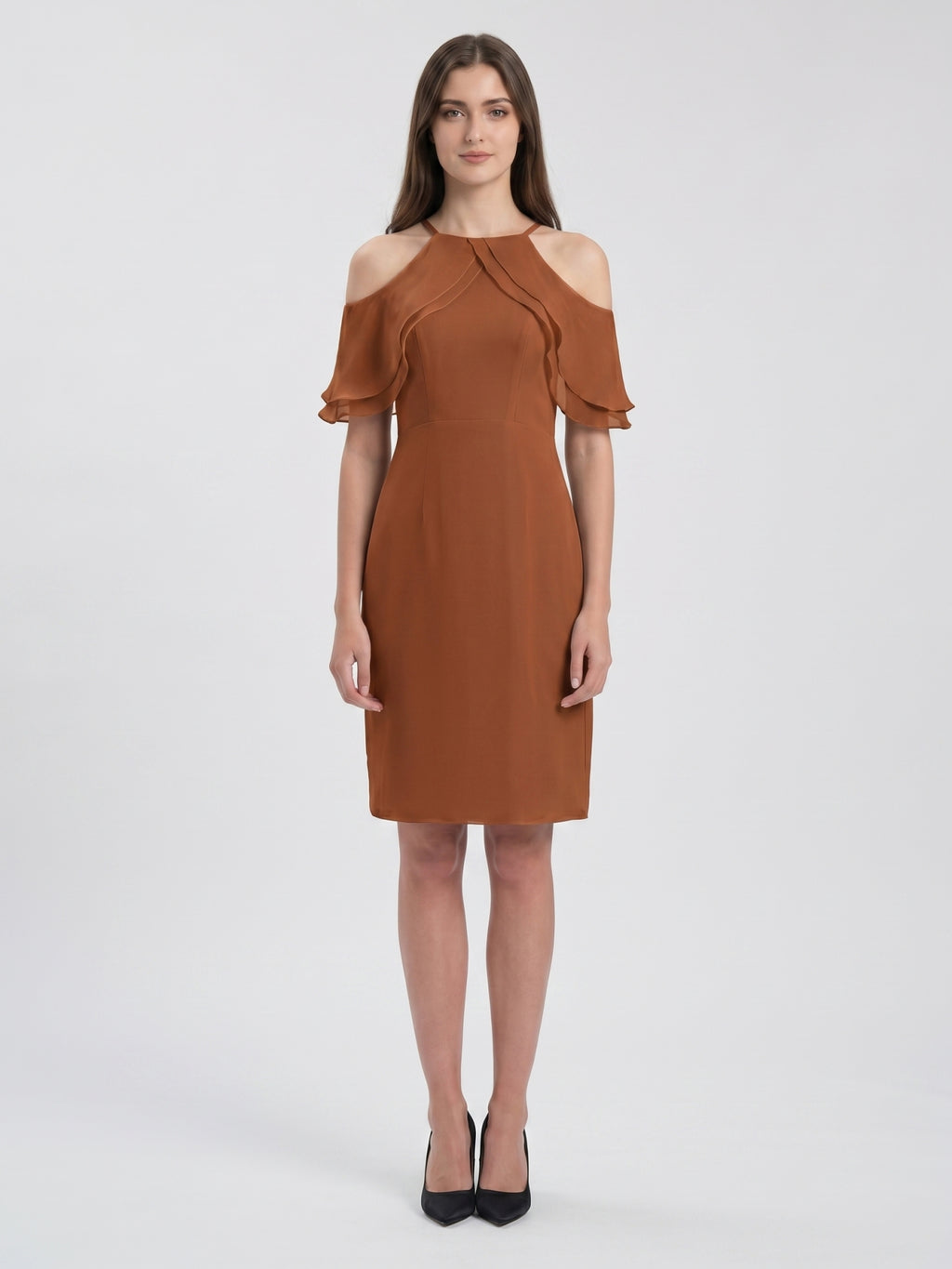 Terracotta Chiffon Sheath Off-the-Shoulder Back Zip Knee-Length Ruffle Bridesmaid Dress