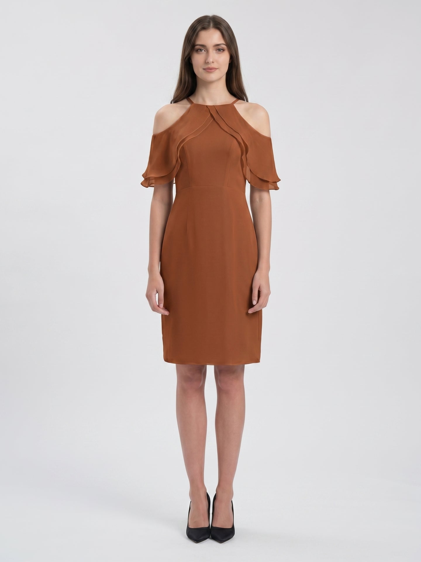 Terracotta Chiffon Sheath Off-the-Shoulder Back Zip Knee-Length Ruffle Bridesmaid Dress