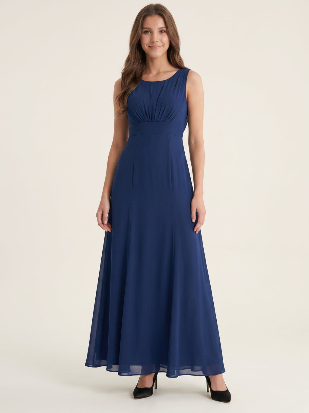 Simple Navy Blue Chiffon A-Line Scoop Neck V-Back with Bow Accent Ankle-Length Bridesmaid Dress