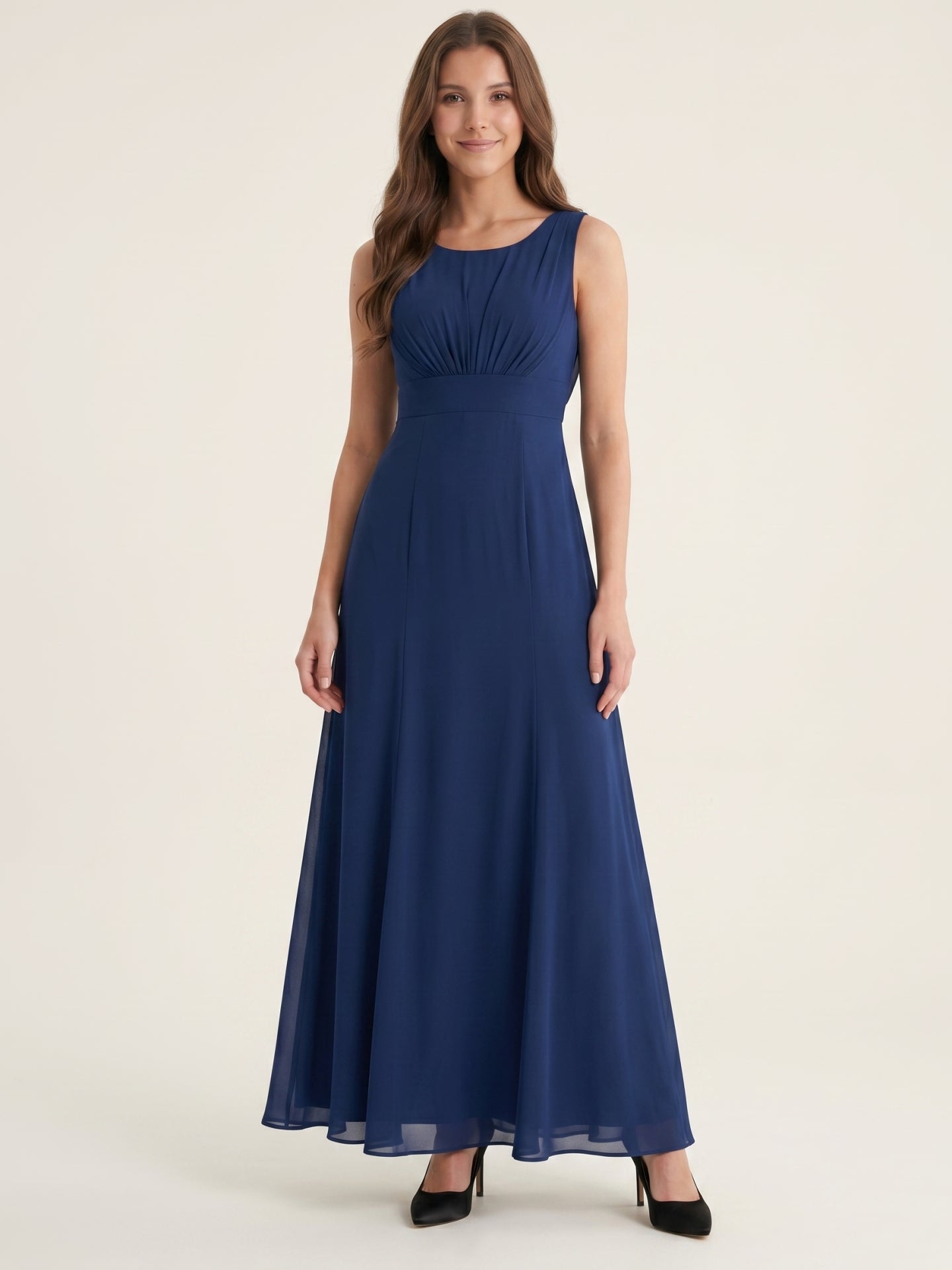 Simple Navy Blue Chiffon A-Line Scoop Neck V-Back with Bow Accent Ankle-Length Bridesmaid Dress