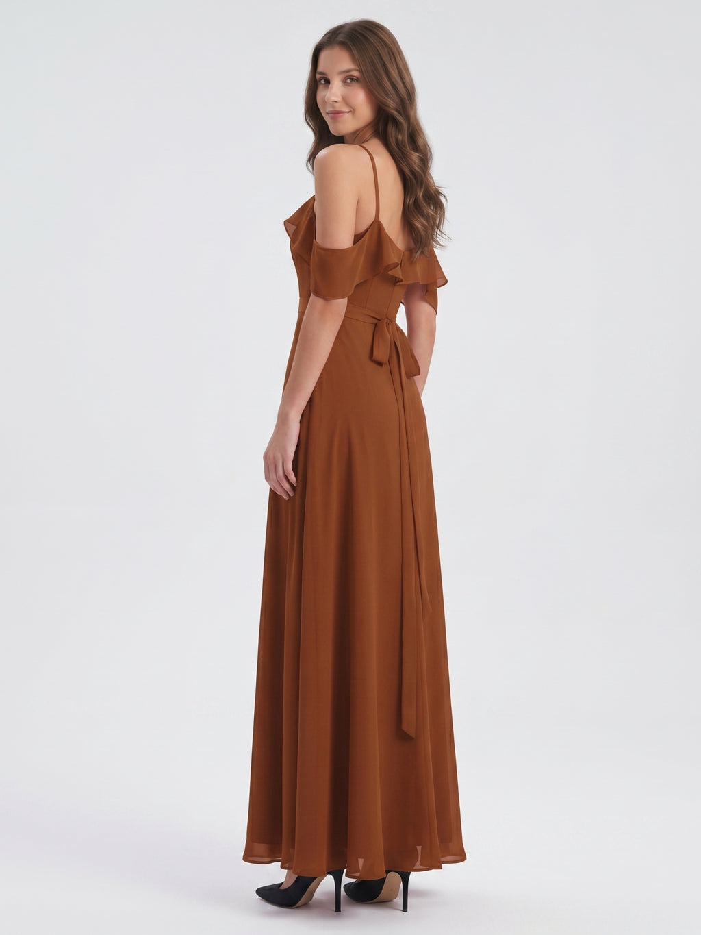 Terracotta Chiffon Sheath Off-the-Shoulder Backless Floor-Length Ruffle Dress