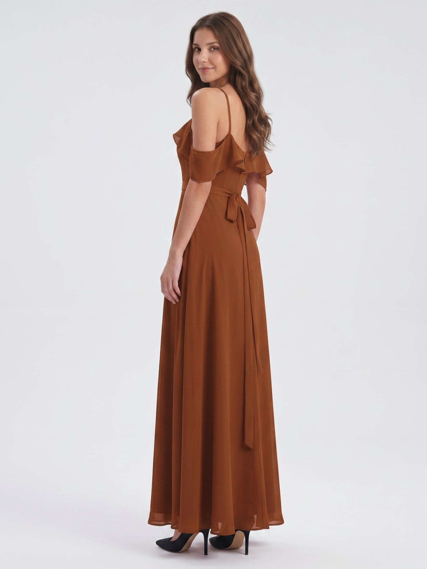 Terracotta Chiffon Sheath Off-the-Shoulder Backless Floor-Length Ruffle Dress