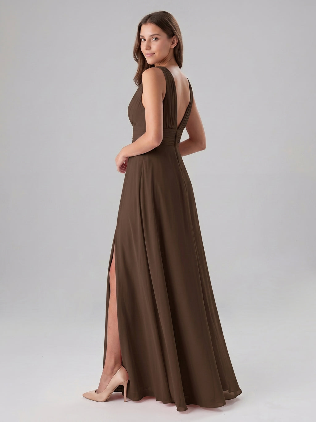 Mocha Chiffon A-Line V-Neck V-Back Floor-Length Pleated Bridesmaid Dress