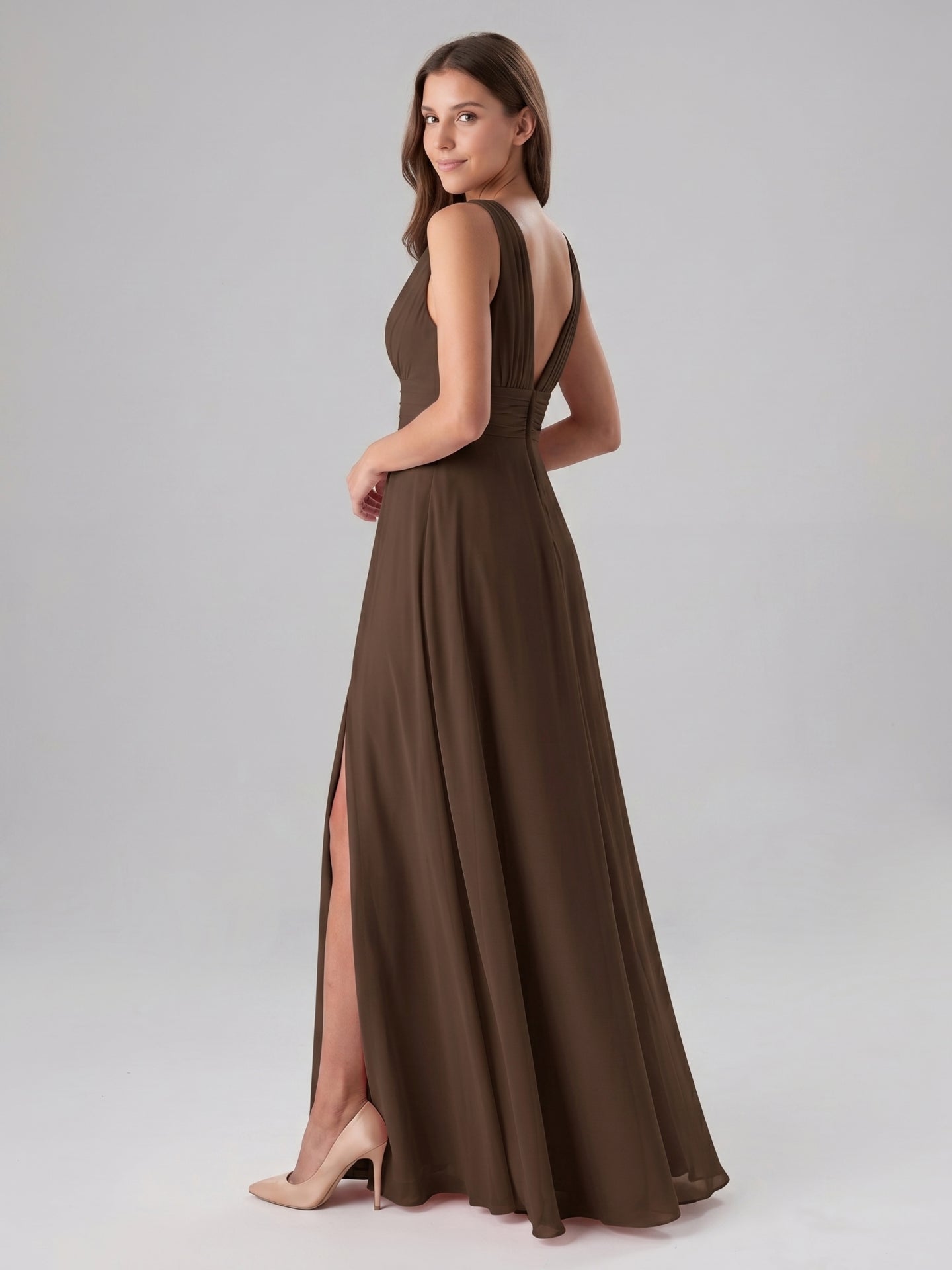 Mocha Chiffon A-Line V-Neck V-Back Floor-Length Pleated Bridesmaid Dress