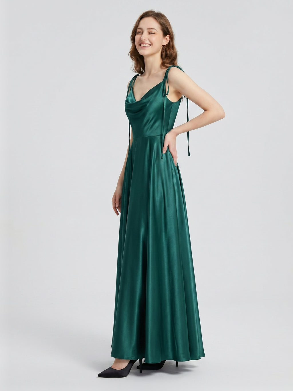 Peacock Satin A-Line Cowl Neck Back Zip Floor-Length Bridesmaid Dress with Bow