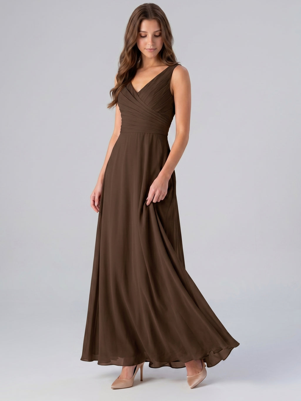 Mocha Chiffon A-Line V-Neck V-Back Floor-Length Bridesmaid Dress with Pockets