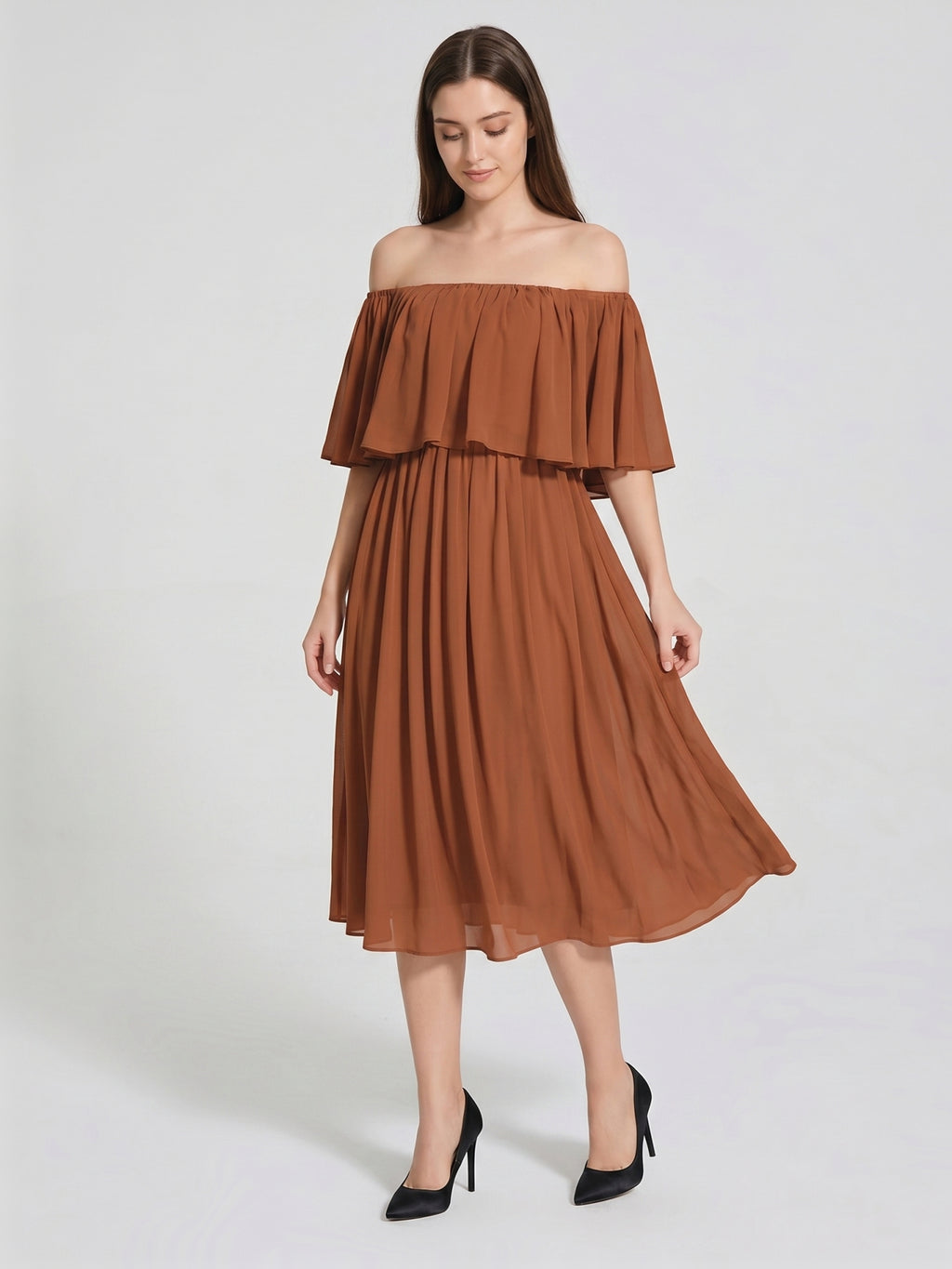 Terracotta Chiffon A-Line Off-the-Shoulder Backless Tea-Length Ruffle Bridesmaid Dress