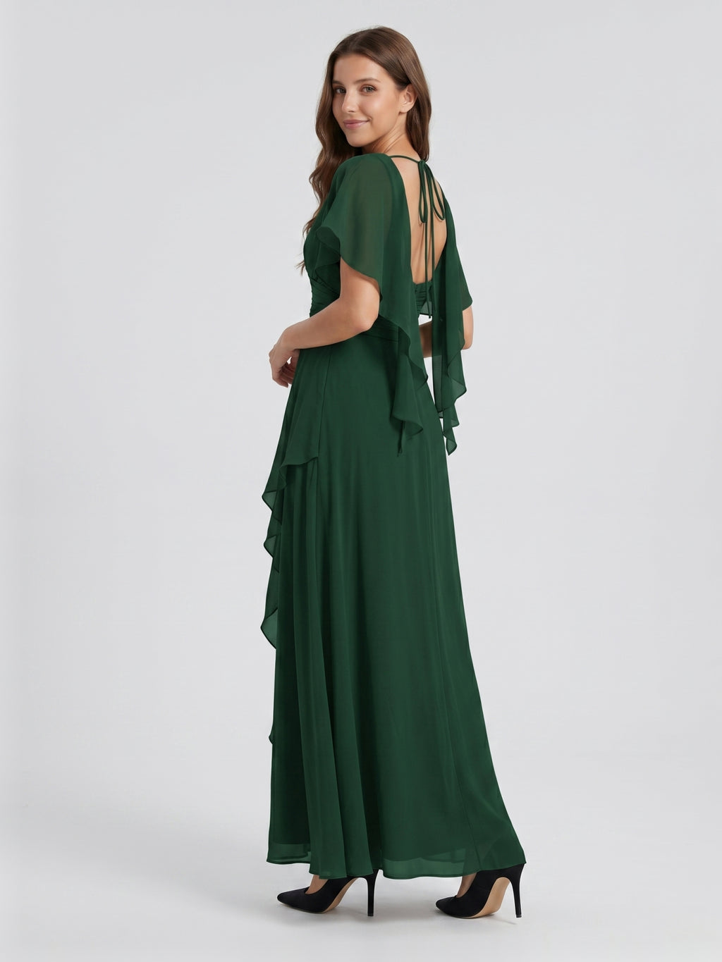 Forest Green Chiffon A-Line V-Neck Backless Floor-Length Ruffle Bridesmaid Dress